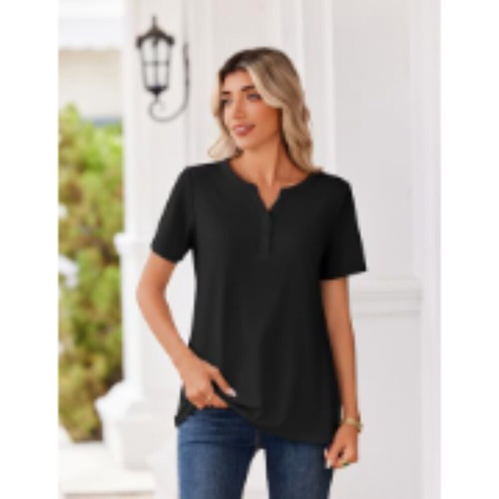 Polyester Spandex Short Sleeve Henley Neck Blouse Casual Dressy Top - Picture 4 of 7